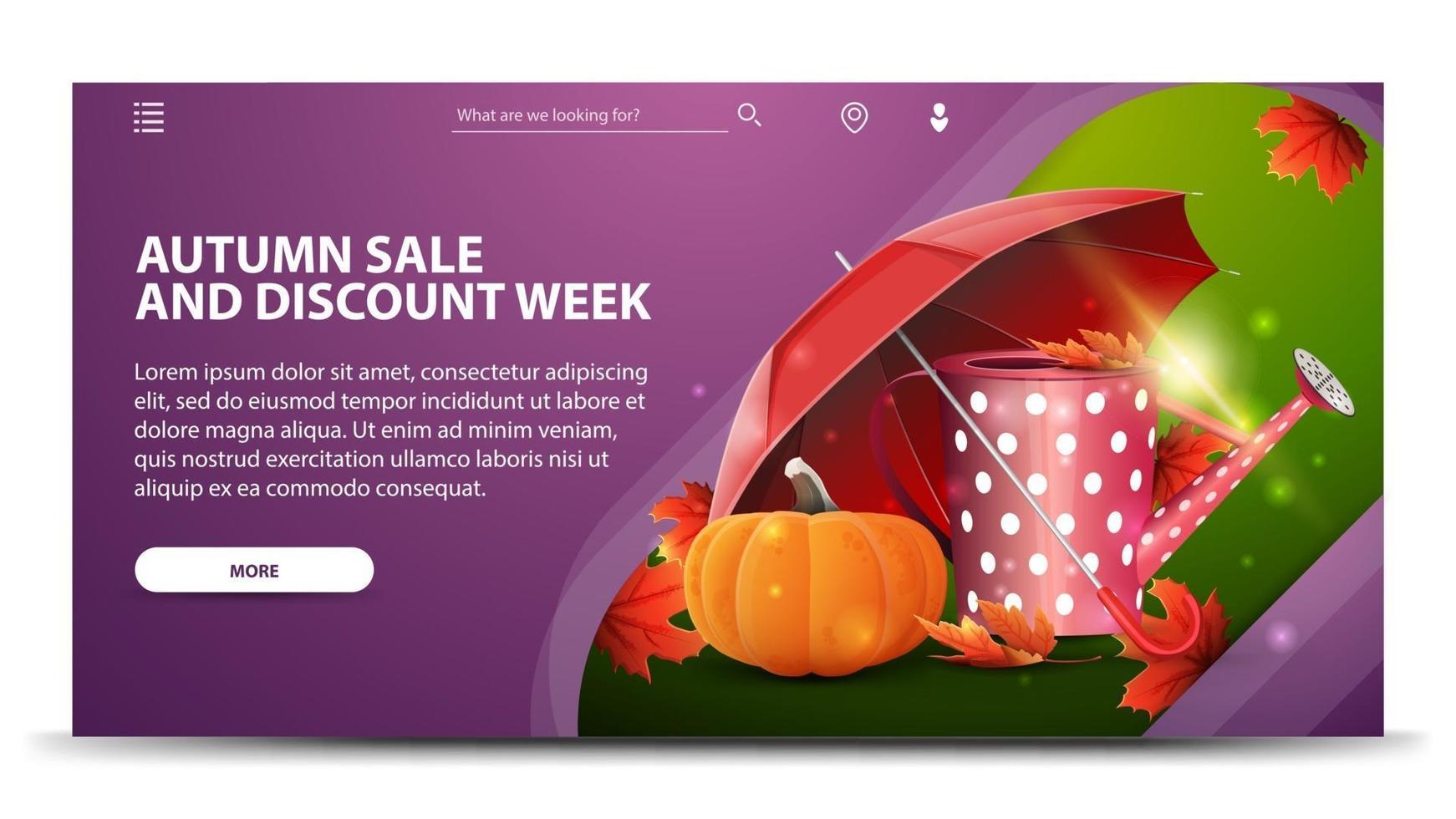 Autumn sale and discount week, web banner with garden watering can vector