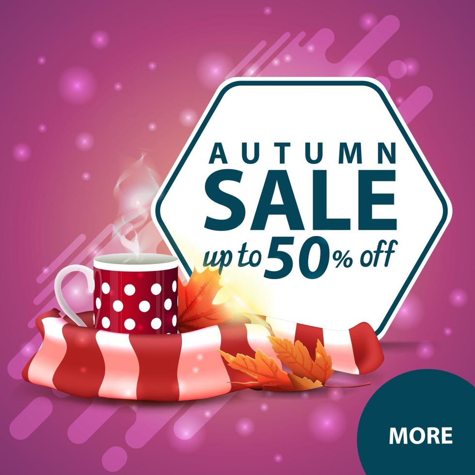 Autumn sale, square discount banner with mug of hot tea vector
