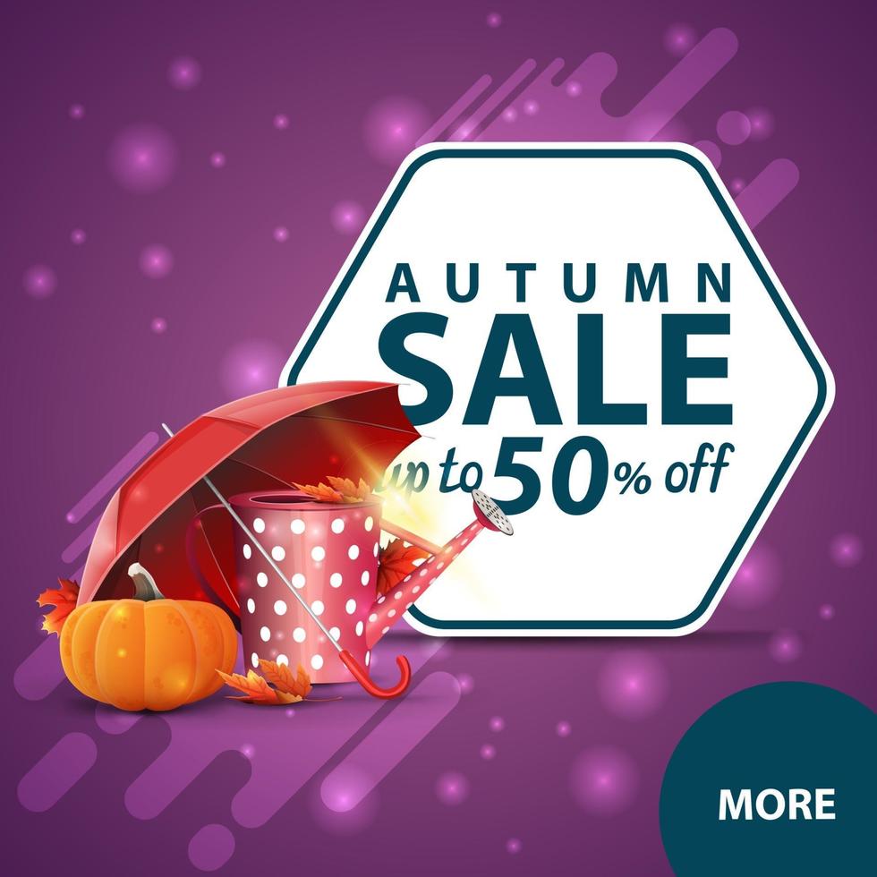 Autumn sale, square discount web banner with garden watering can vector