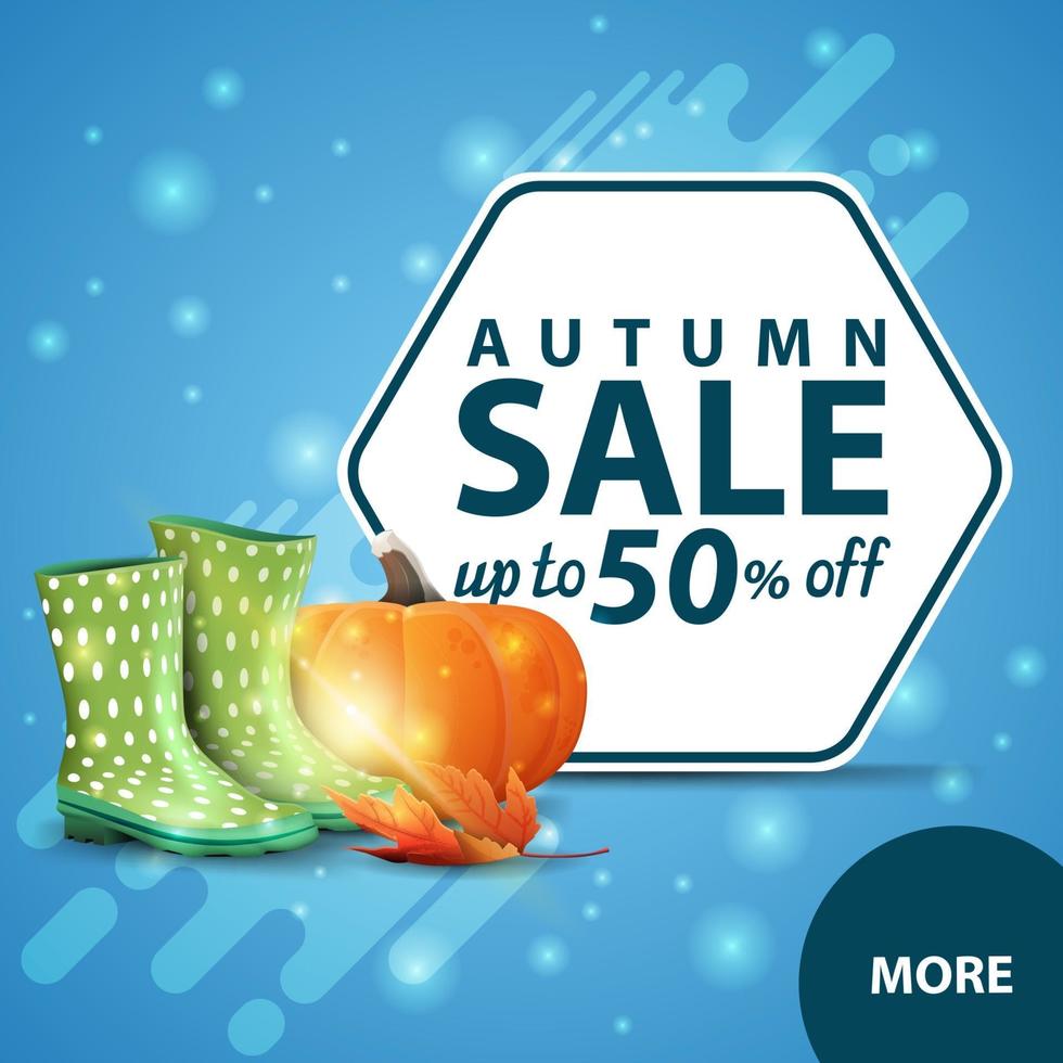 Autumn sale, square discount web banner with rubber boots and pumpkin vector