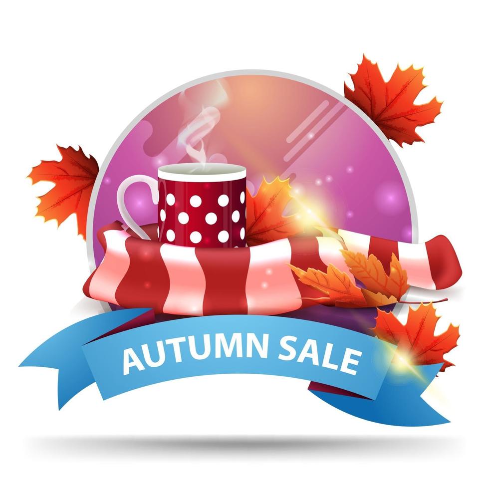 Autumn sale, round discount clickable web banner with mug of hot tea vector