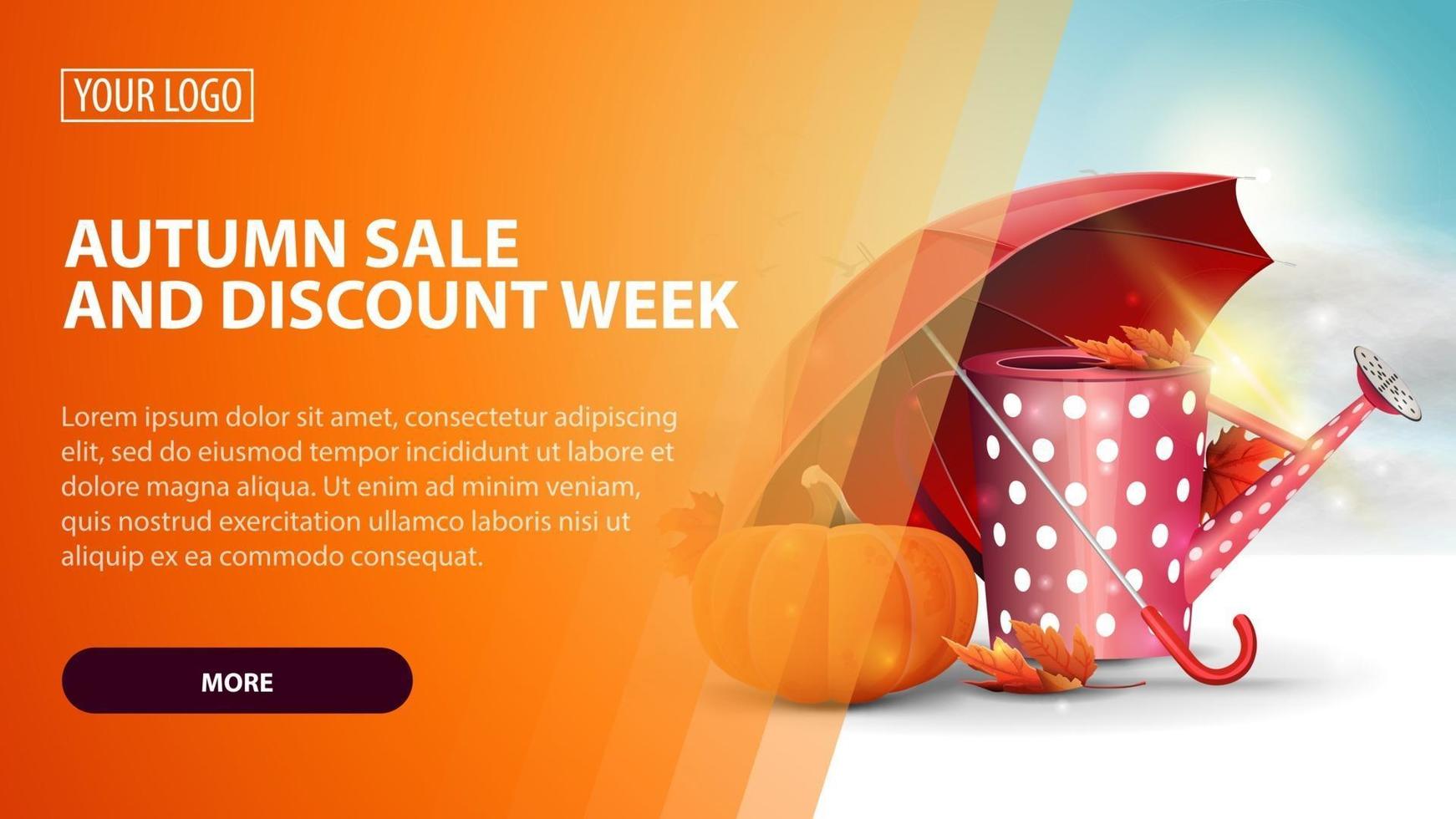 Autumn sale and discount week, banner wuth watering can and pumpkin vector