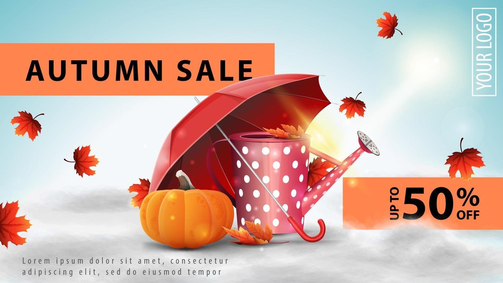 Autumn sale, discount web banner with garden watering can vector