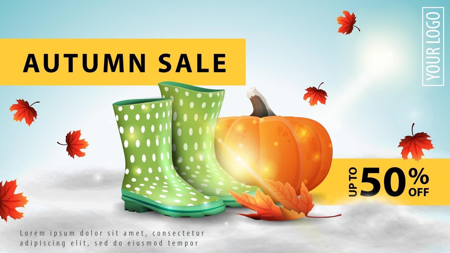 Autumn sale, discount web banner for your website with rubber boots vector