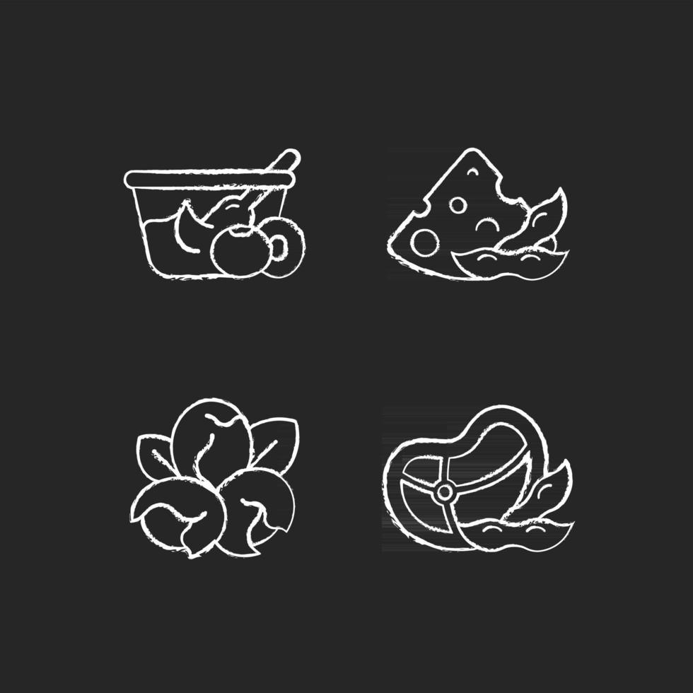 Soy ingredients chalk white icons set on dark background vector