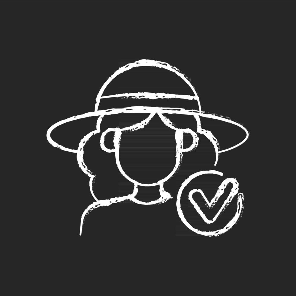 Wearing wide brimmed hat chalk white icon on dark background vector