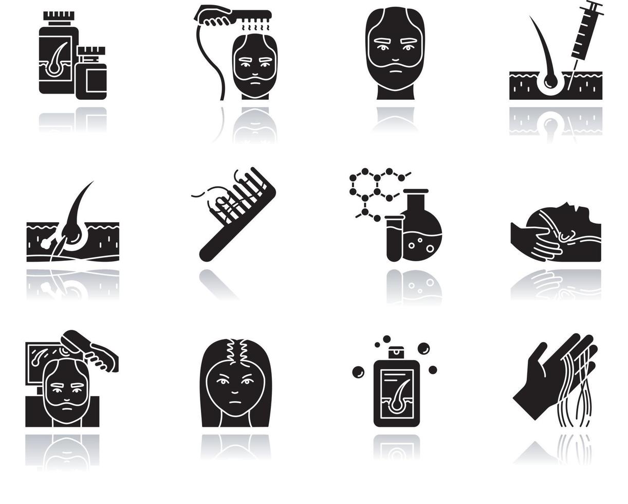 Hair loss drop shadow black glyph icons set vector