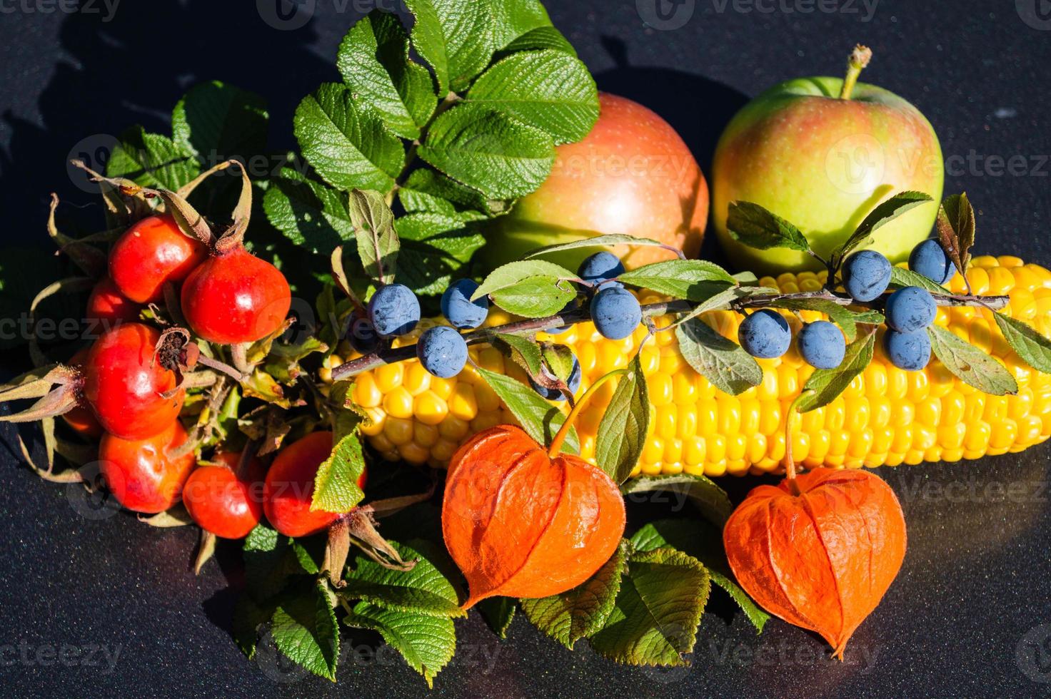 Different fruits and berries as autumn decoration photo
