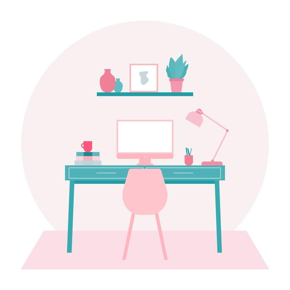 Cute Home Office Flat Vector Illustration