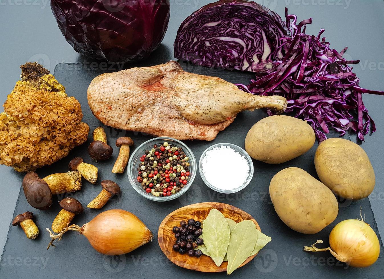 Baked Duck with red cabbage and forest mushrooms photo