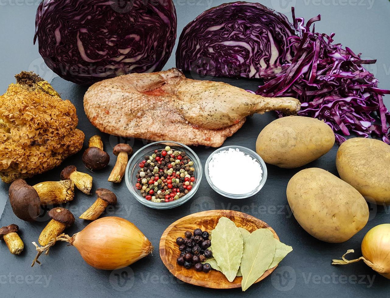 Baked Duck with red cabbage and forest mushrooms photo