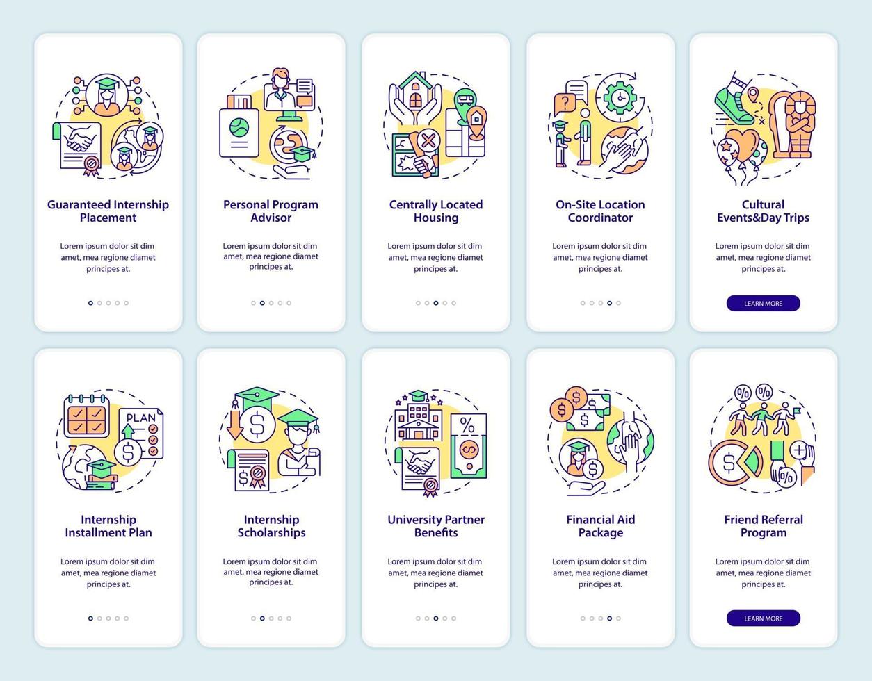 Internship programs onboarding mobile app page screens set vector