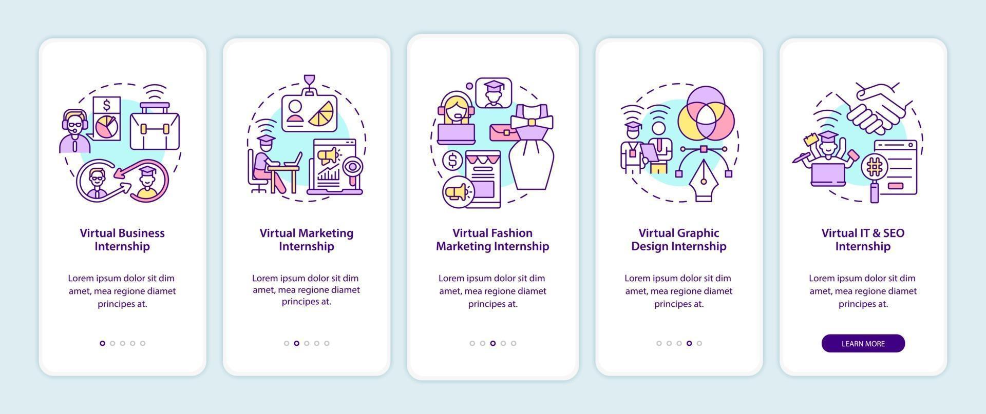 Top virtual internship areas onboarding mobile app page screen vector