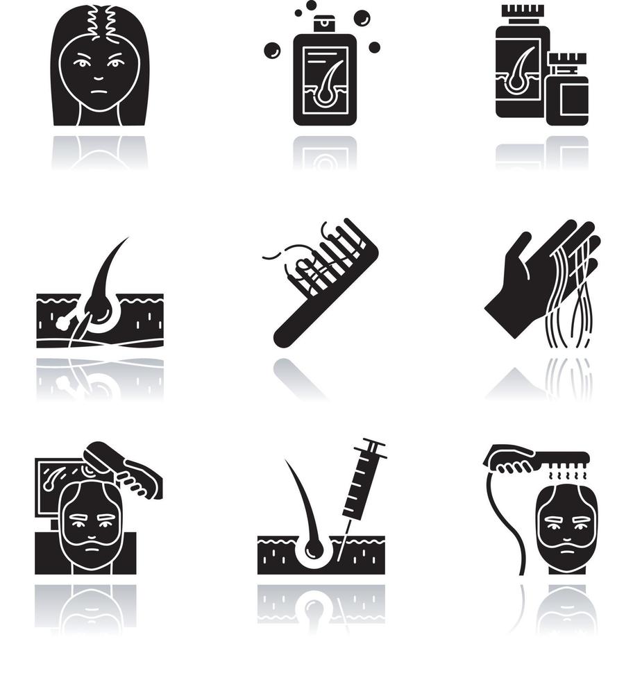 Hair loss drop shadow black glyph icons set vector