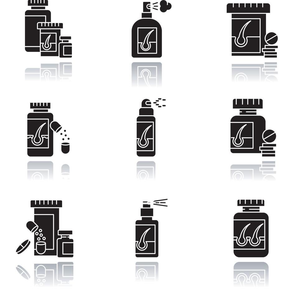 Hair loss drop shadow black glyph icons set vector