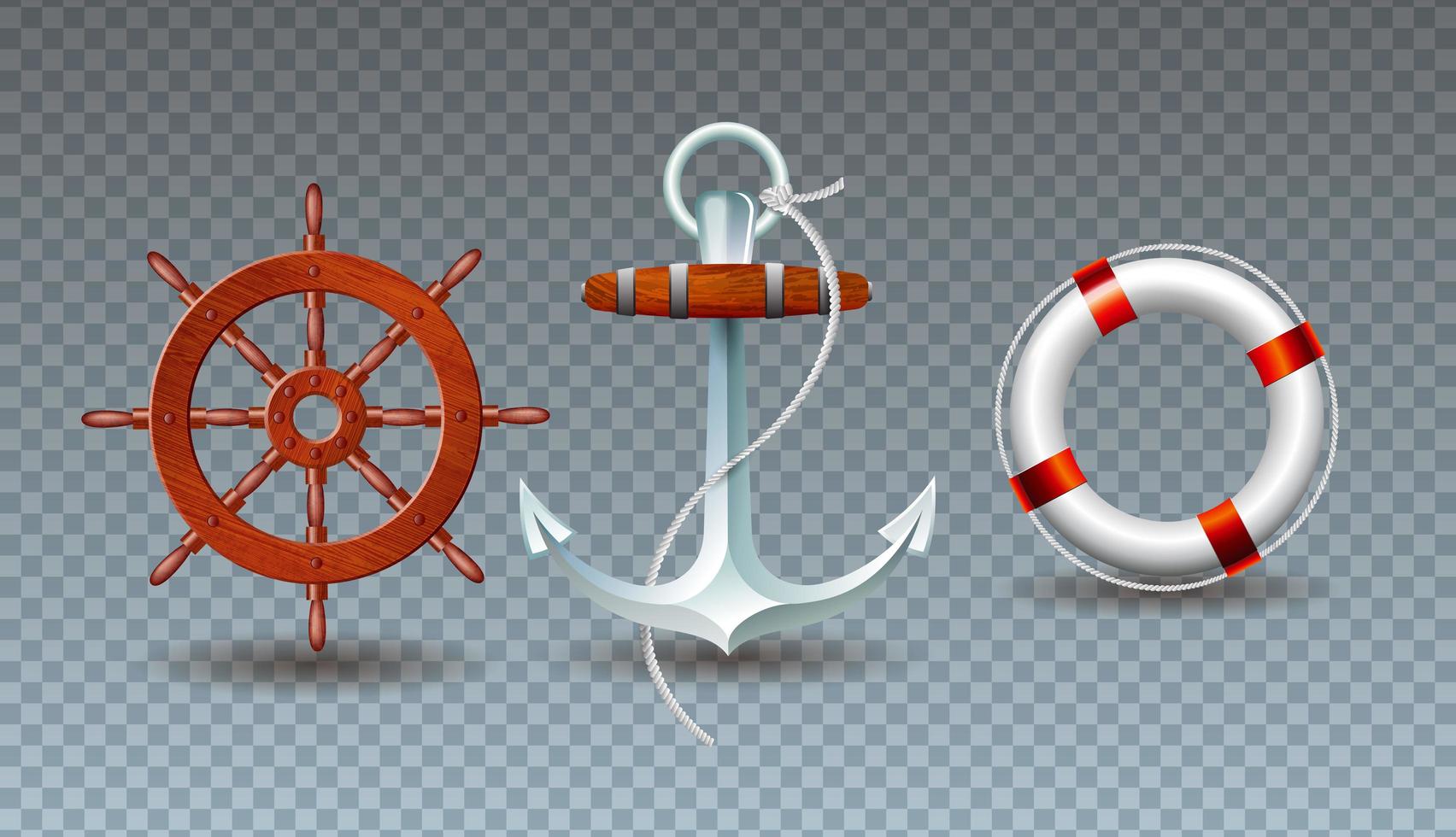 Vector Illustration with Steering Wheel, Anchor and Lifebelt Collection Isolated on Transparent Background. Vector Holiday Design with Sea Sipping Elements Set