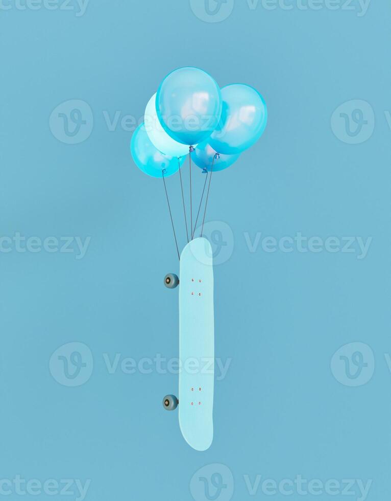 Skateboard attached to balloons photo