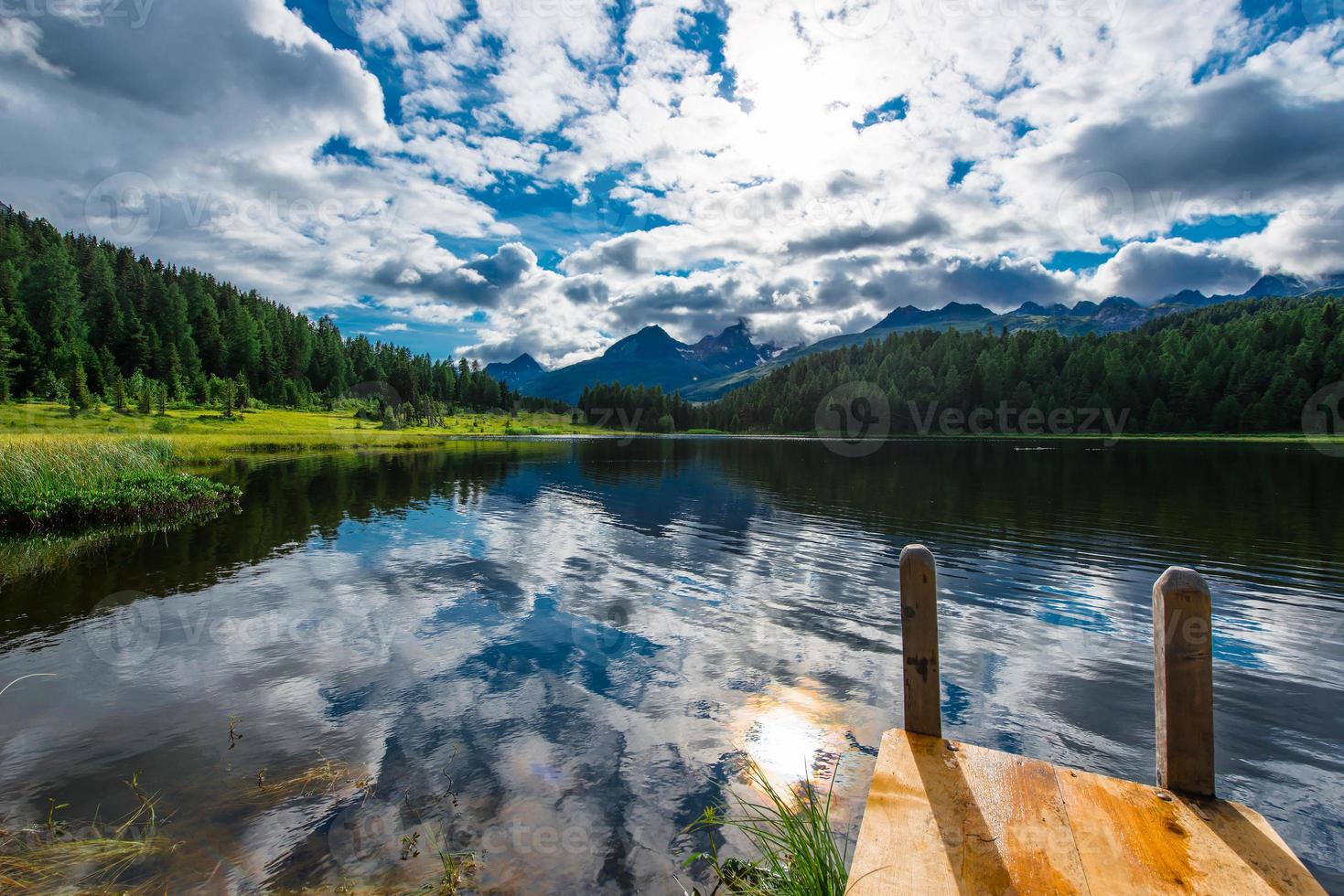 Small dock on mountain lake photo