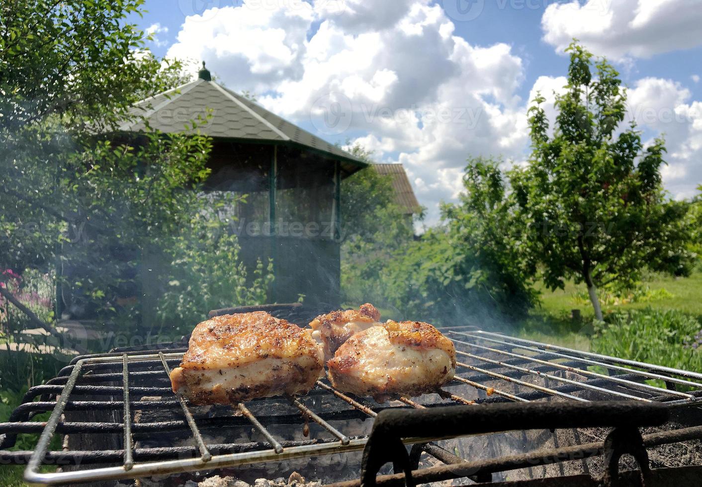 Carne de pollo a la parrilla a la parrilla listo para comer barbacoa foto