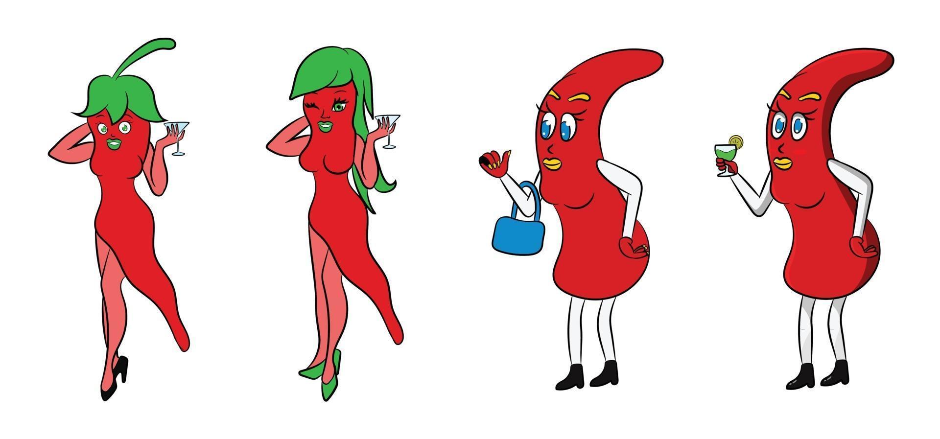 legumbre de personaje de dibujos animados de pimiento rojo femenino vector