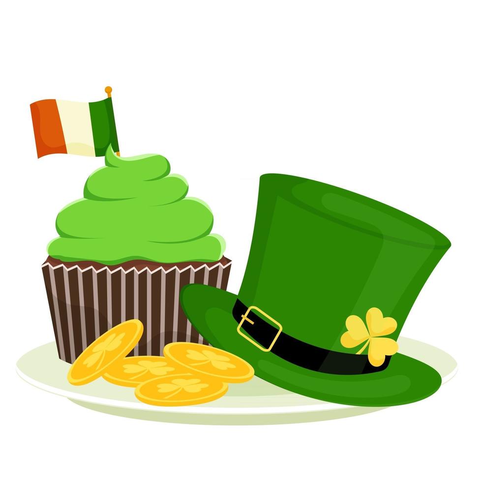 St. Patrick's cupcake, leprechaun hat, gold coins. Cartoon vector