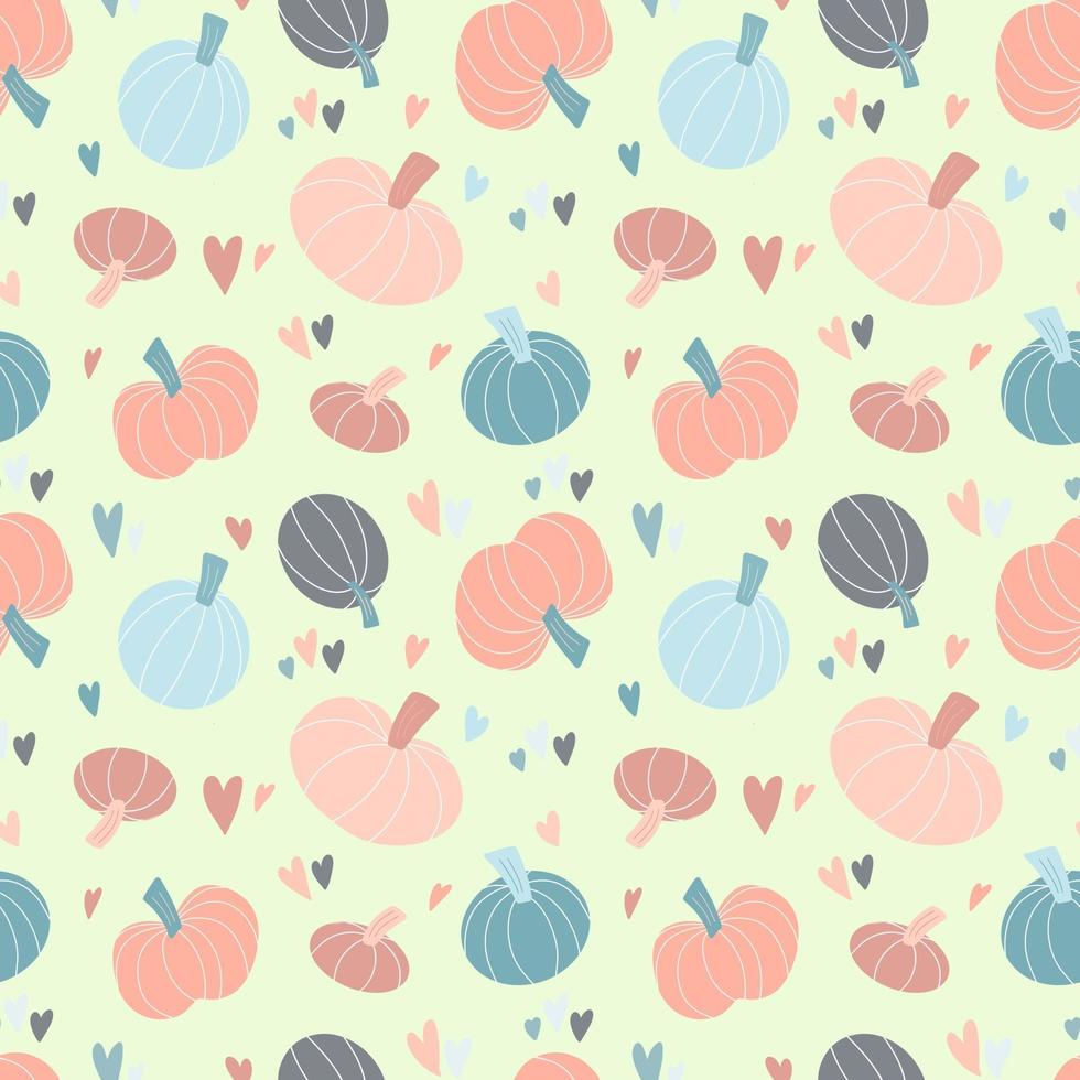 Cute seamless pattern with pastel pumpkins hand drawn, colorful hearts vector