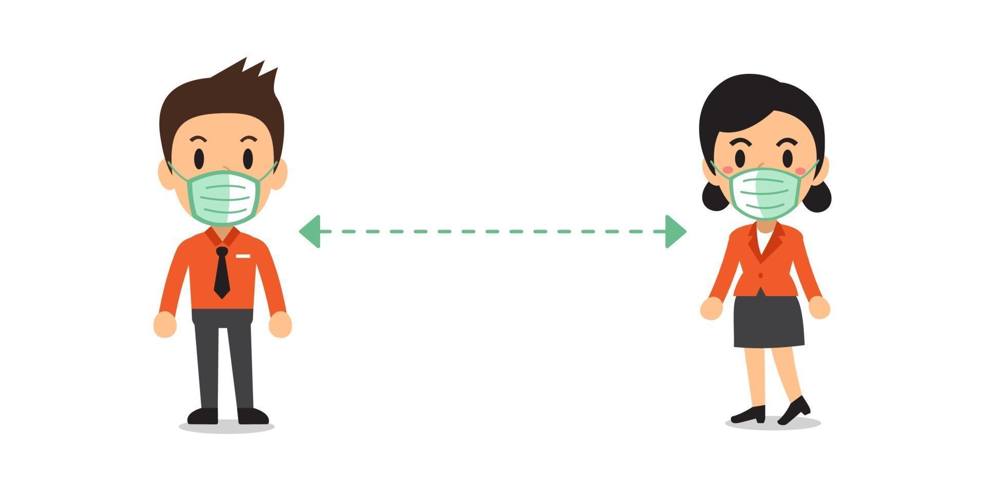 Business people wearing medical masks stand apart from each other vector