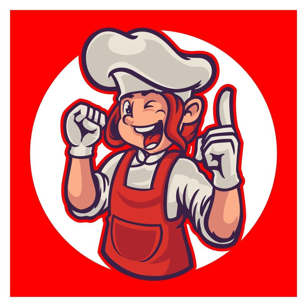 logo de mujer chef para pastelería, restaurante, cafetería. Sonriente chef femenina profesional con expresión feliz y dando gesto de espíritu. tema de la mascota del chef. plantilla de mascota de ilustración de logotipo vectorial vector