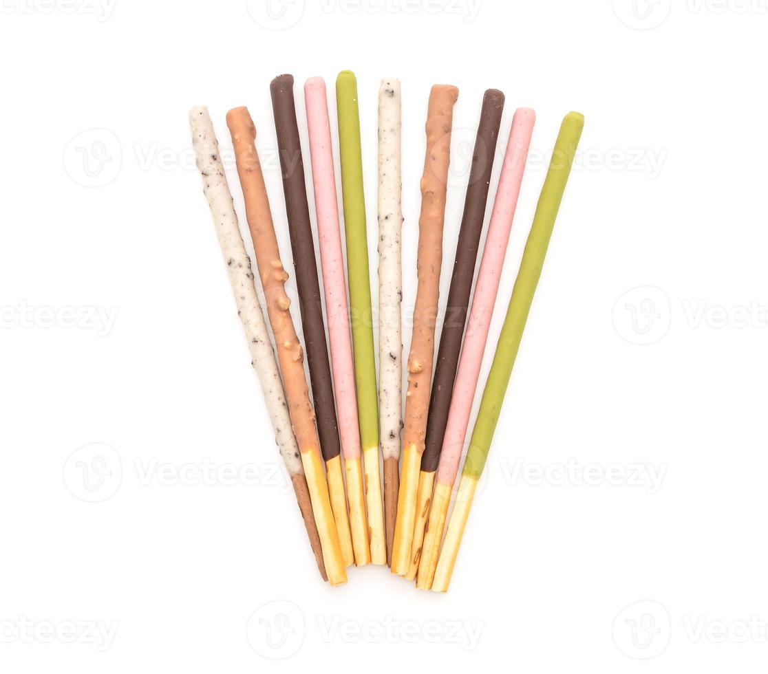 Biscuit stick with mixed flavored on white background photo