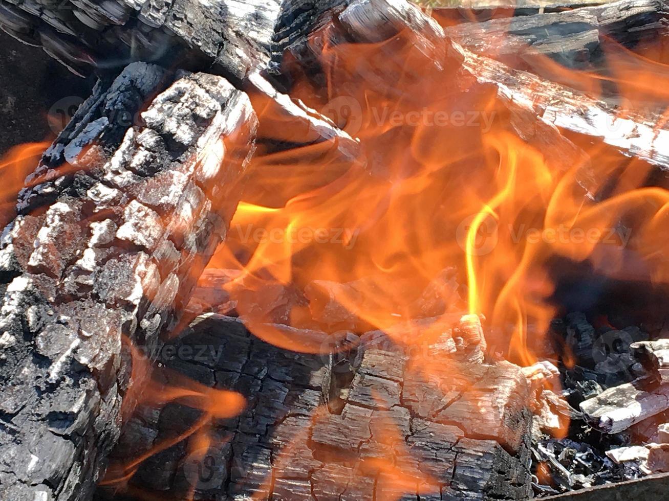 red flame from slice wood, dark grey black coals inside metal brazier. photo