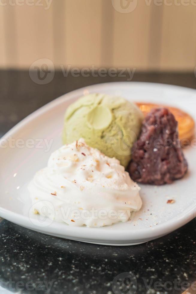 Green tea ice cream with pancake, red bean, and whipping cream - dessert photo