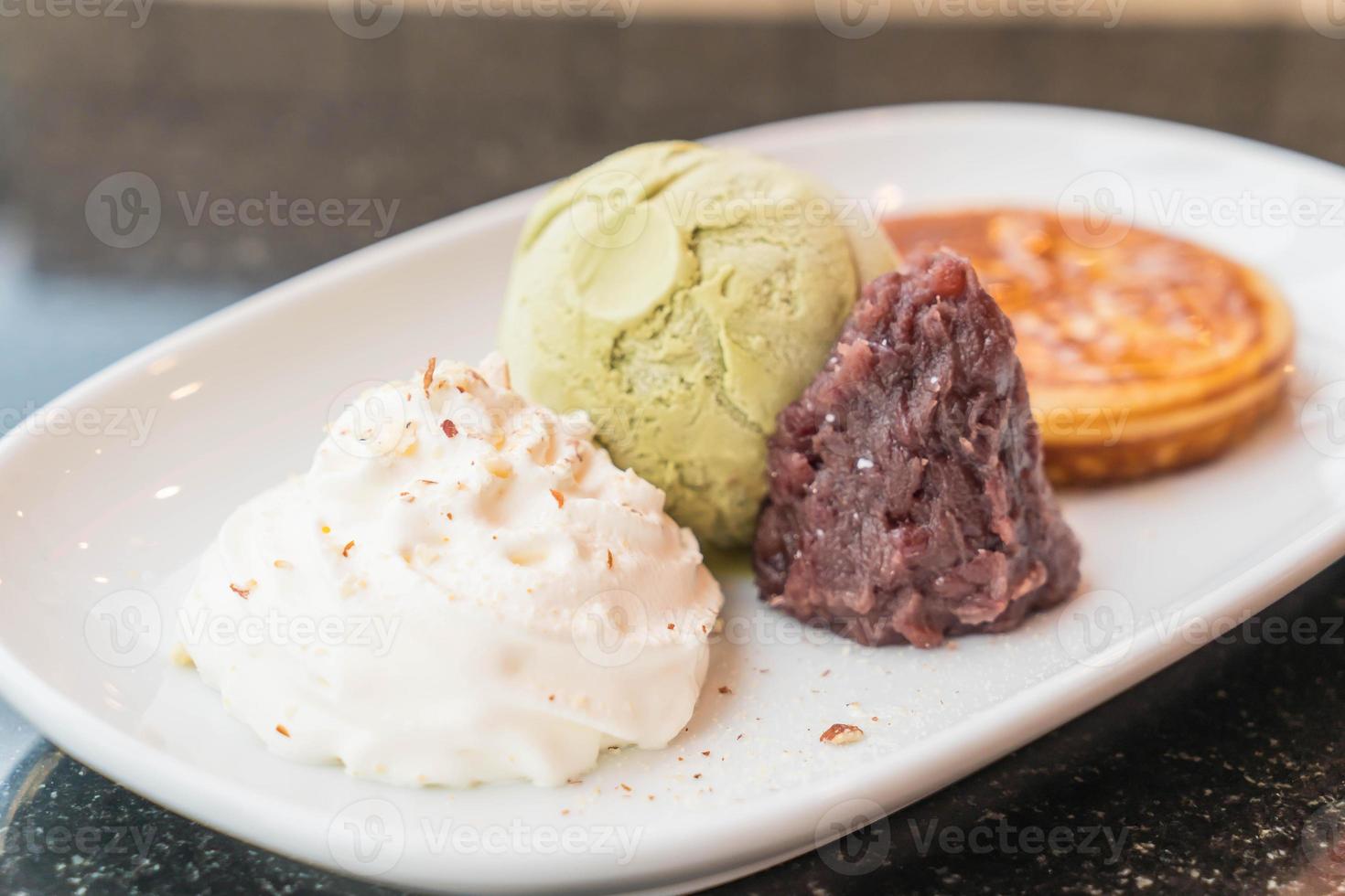 Green tea ice cream with pancake, red bean, and whipping cream - dessert photo