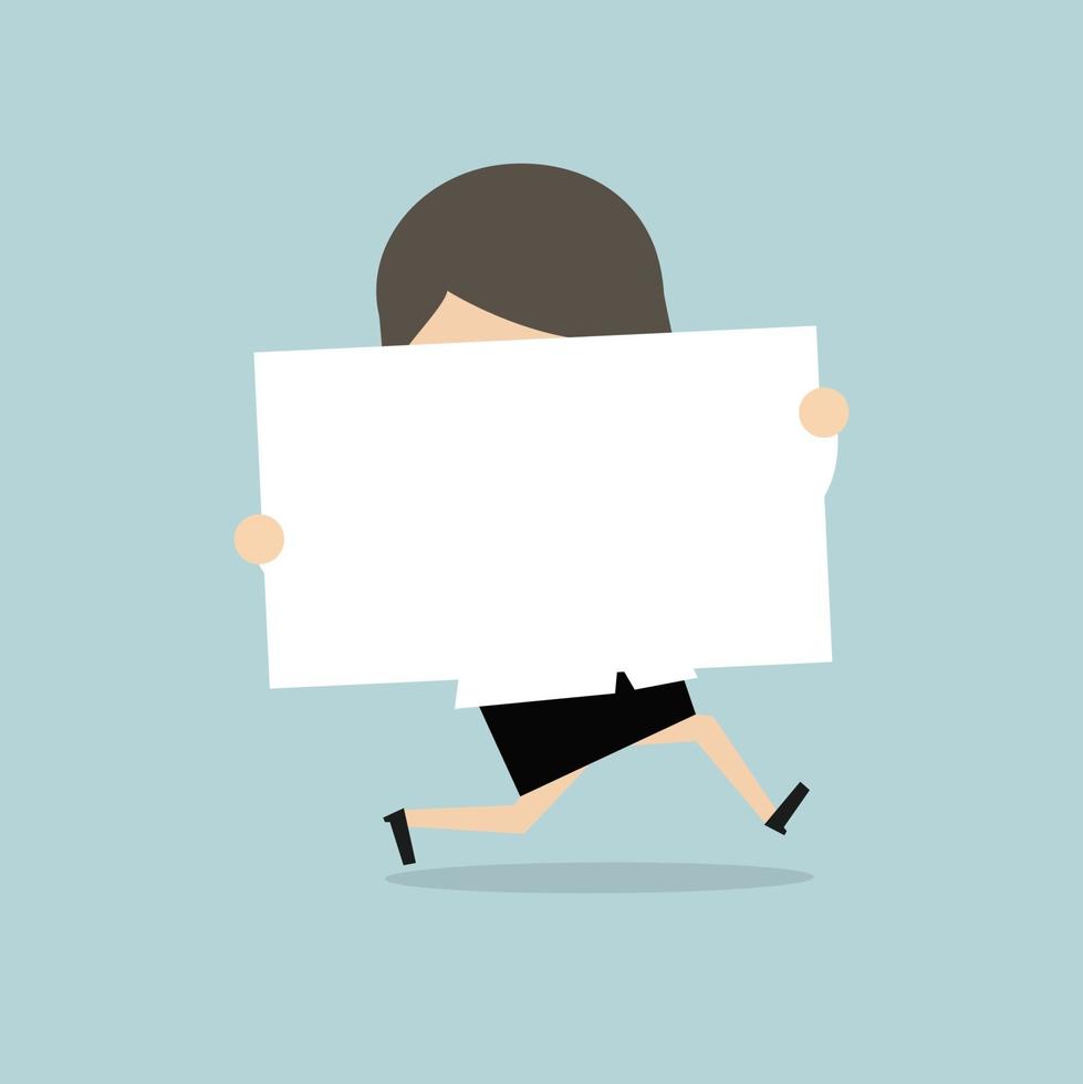 Businesswoman running with white sign. vector