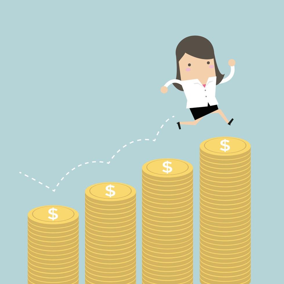 Businesswoman jumping on the money step. vector