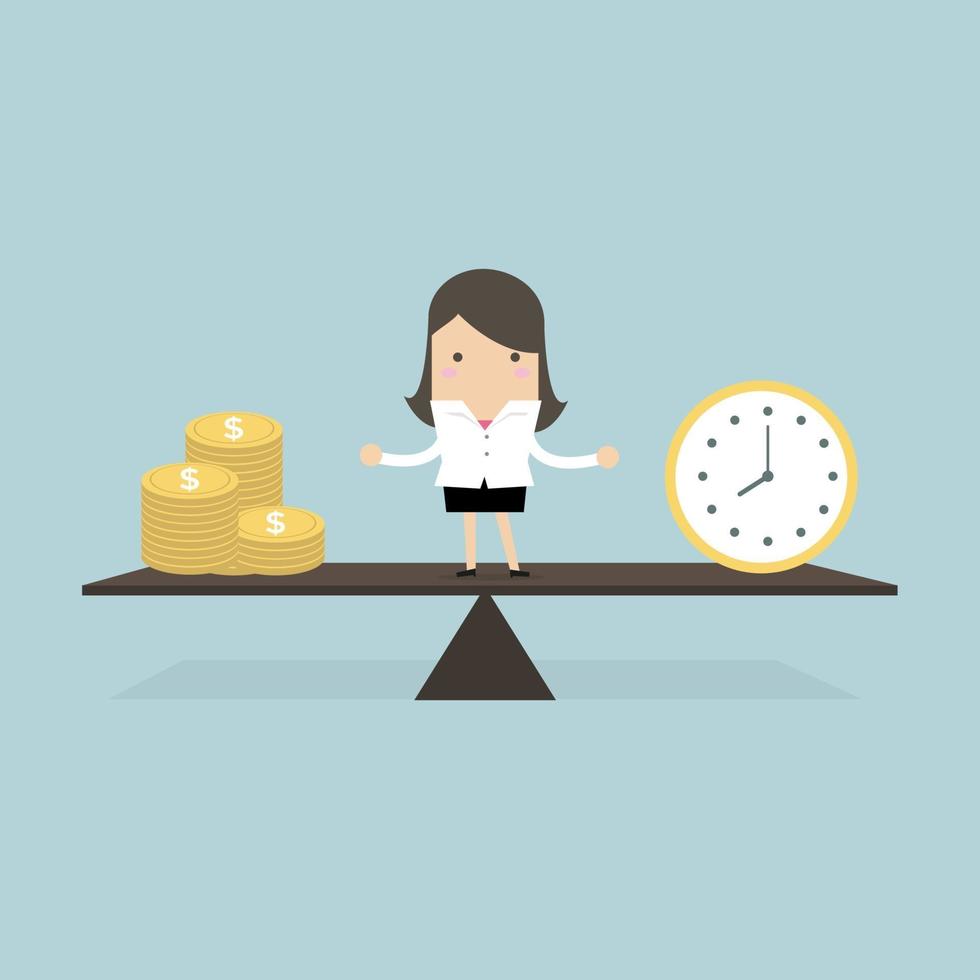 empresaria con concepto de equilibrio de tiempo y dinero. vector