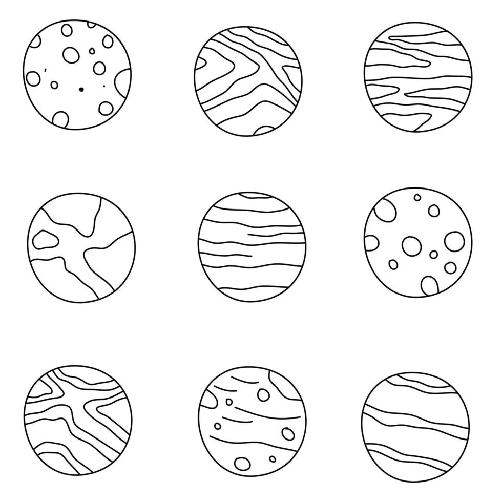 diferentes planetas de doodle de contorno vector