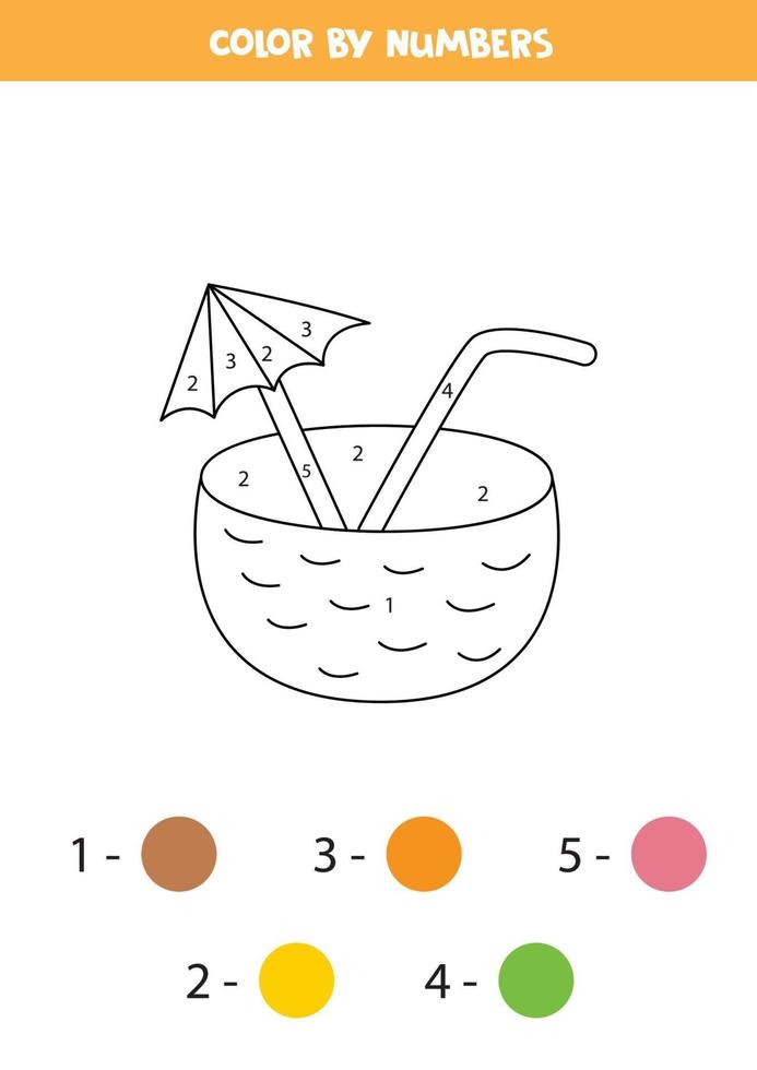 Color cartoon coconut cocktail by numbers. Worksheet for kids. vector