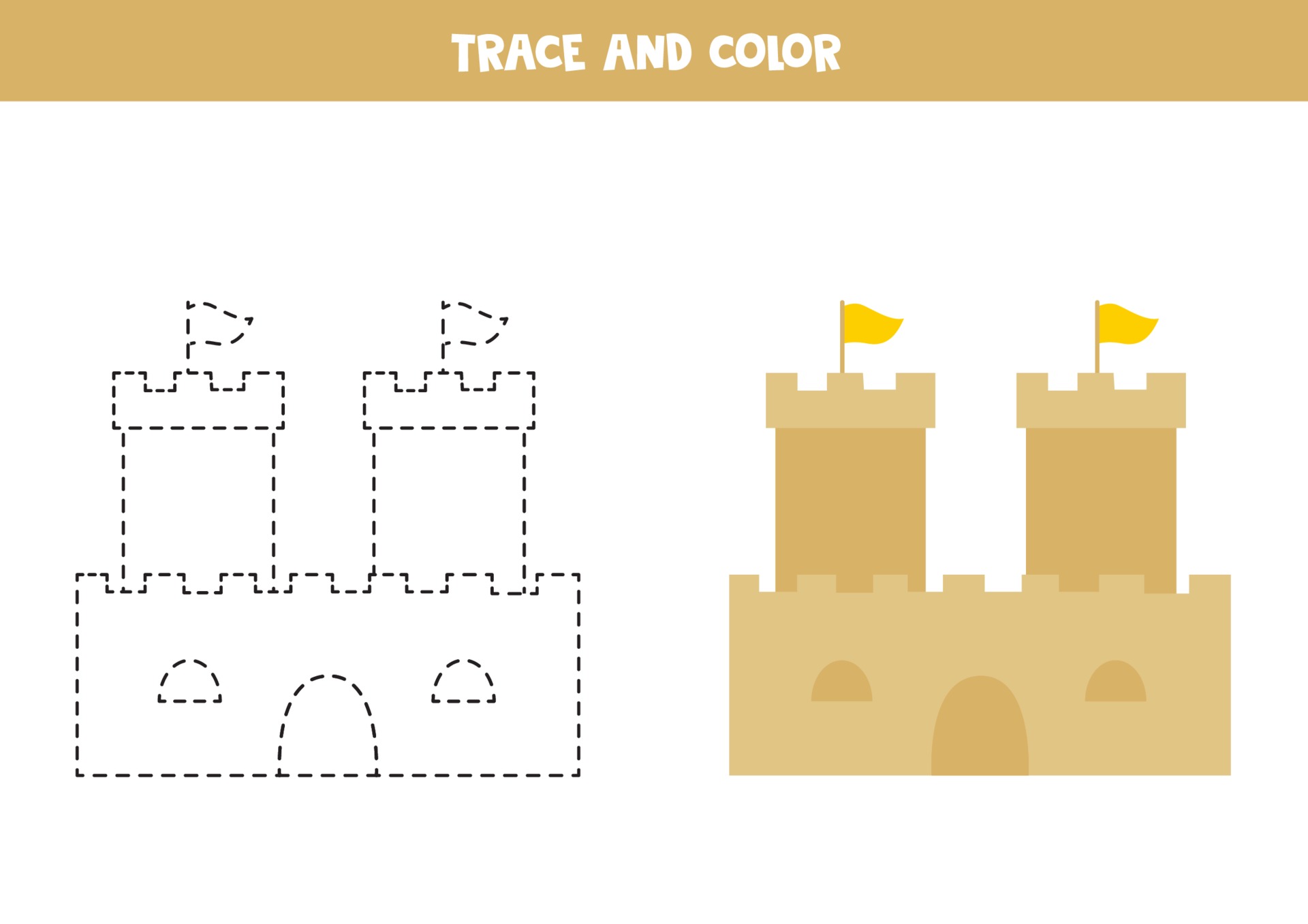 Trace and color cartoon sand castle. Worksheet for kids. 3042034 Vector