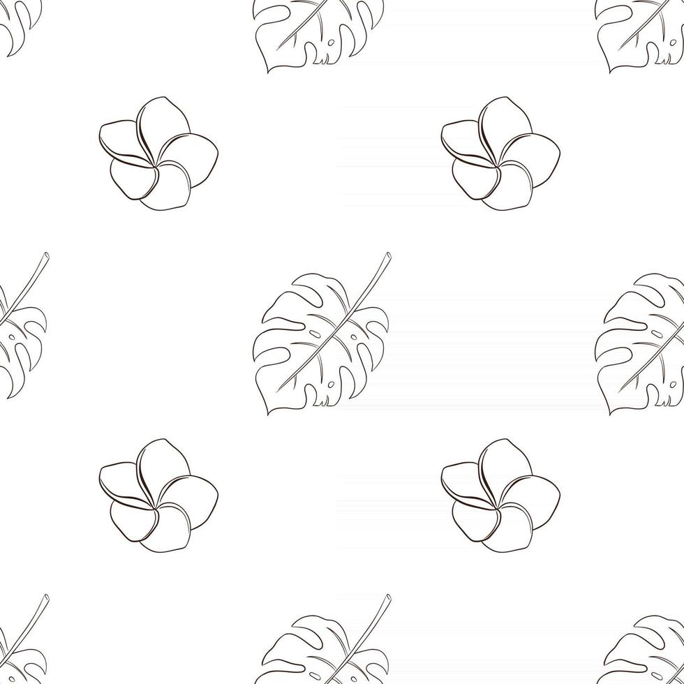 Linear Tropical Plumeria Flowers and Monstera Leaves Seamless Pattern vector