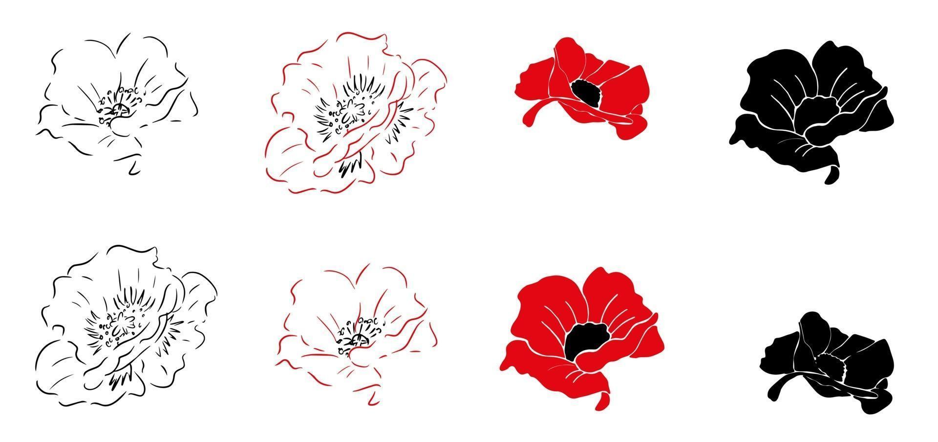 Poppy. Icon set. Red black flowers on white background. Isolated vector