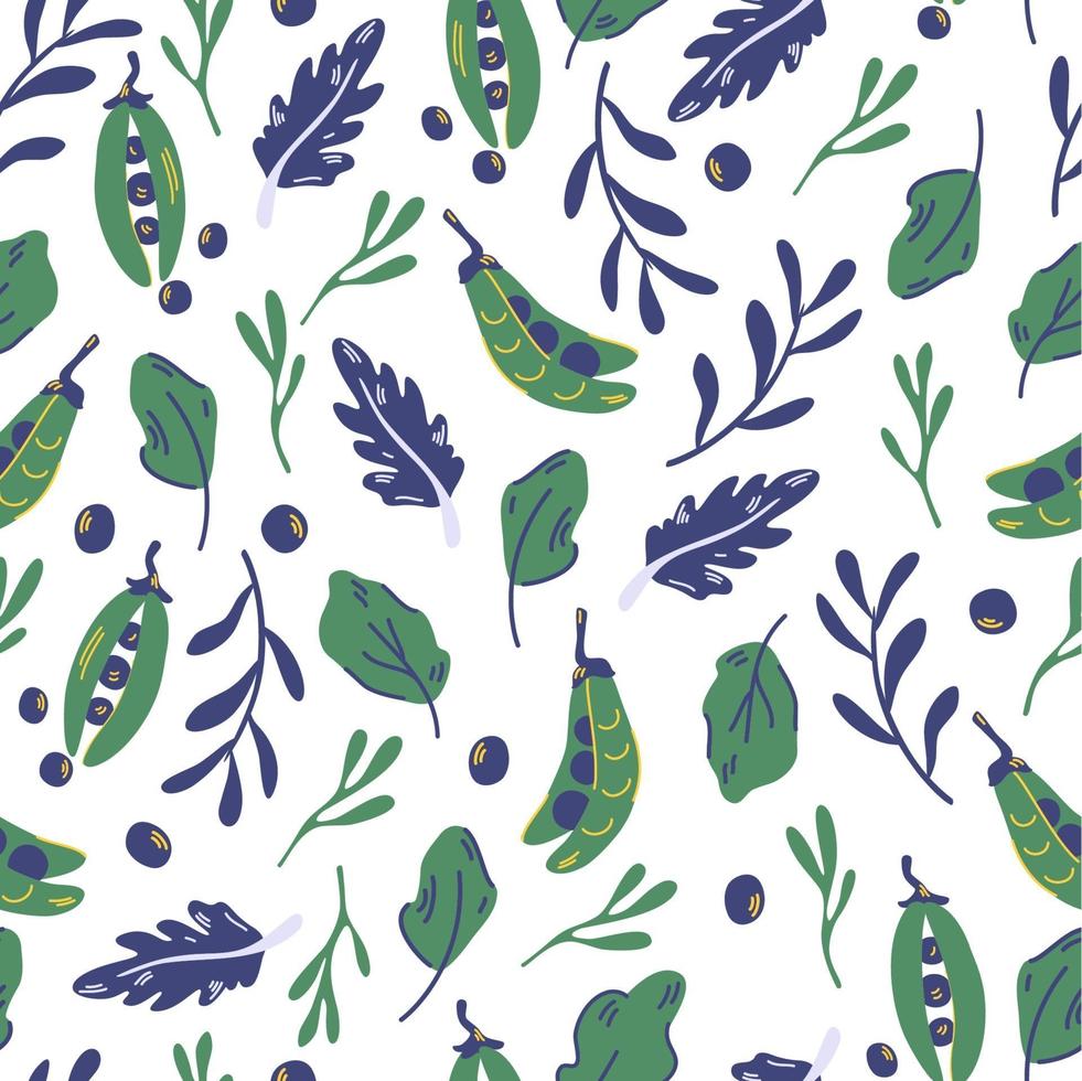 Seamless pattern with peas and salad leaves. Green pea. H vector