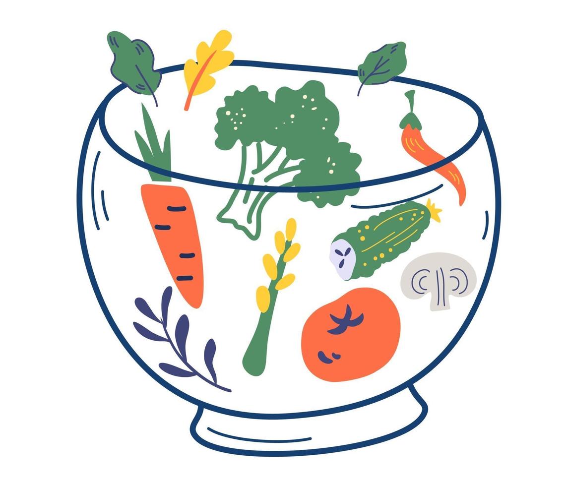 Glass bowl with vegetables. Various salad ingredients. vector