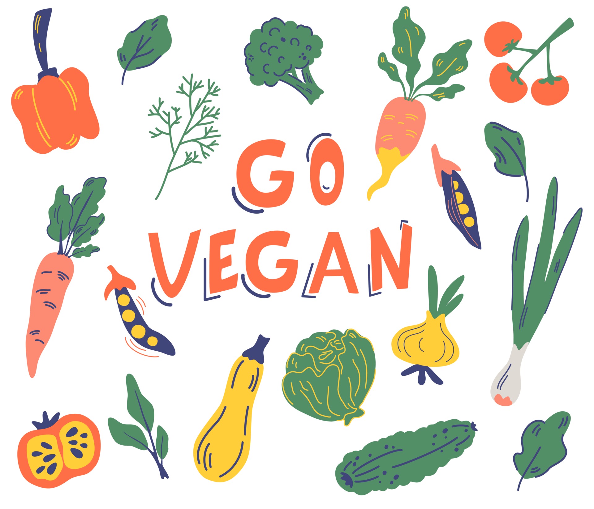 Set of vegetables. Go vegan. Various vegetables and slogan 3042196