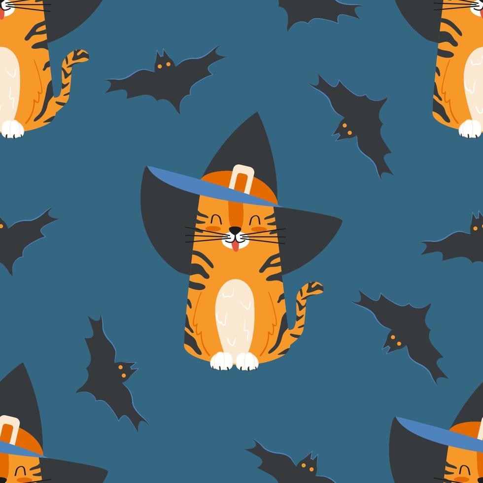 Seamless pattern cartoon tabby cat wearing a witch hat and bats vector