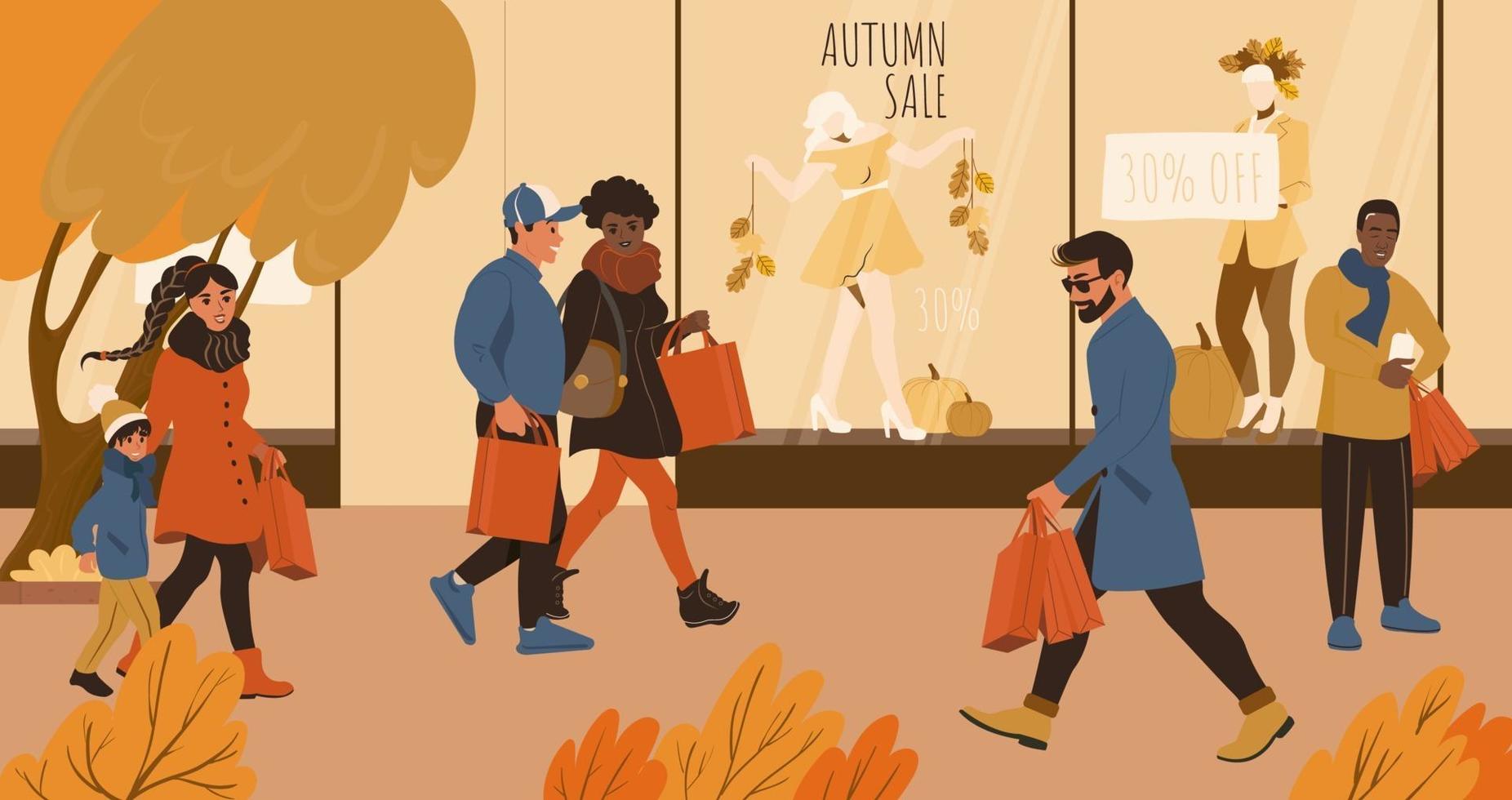 People on the autumn sale shopping walking in the city vector