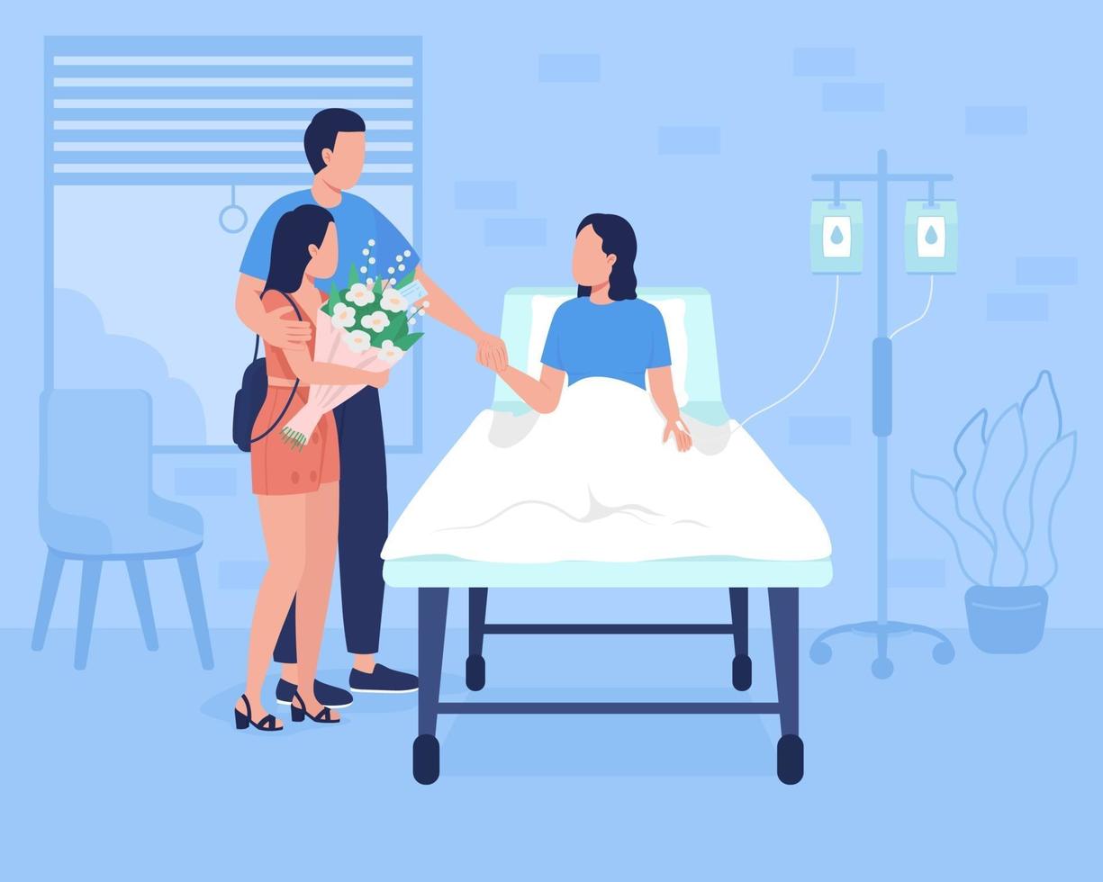 Family support for hospitalized patient flat color vector illustration