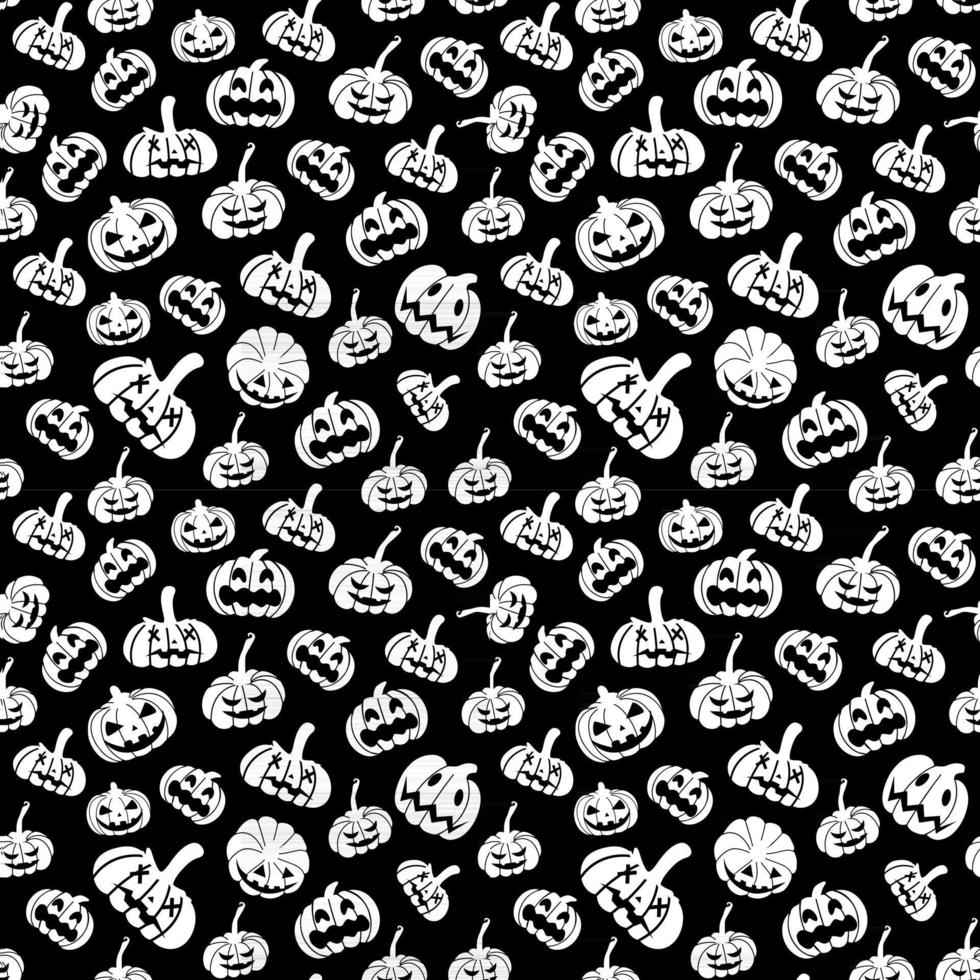 Seamless pattern of white silhouettes of pumpkins and leaves, doodles vector
