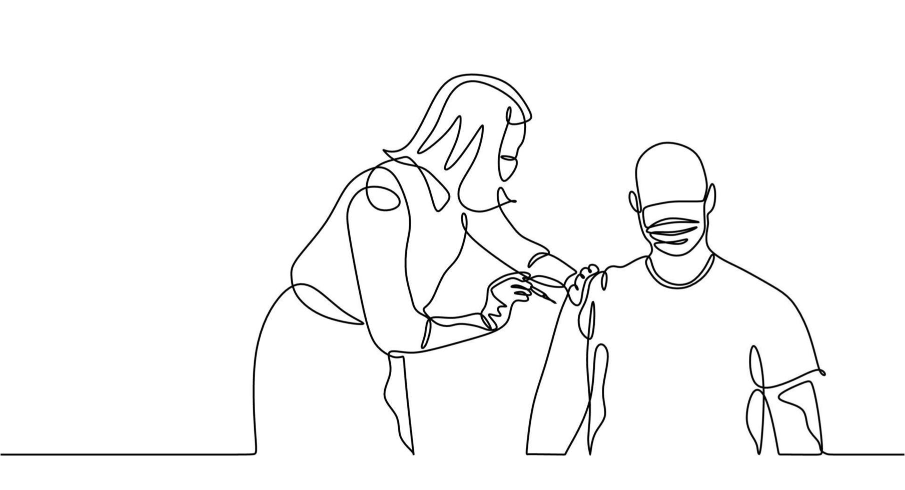 One continuous line of a female doctor injecting vaccine to a man vector