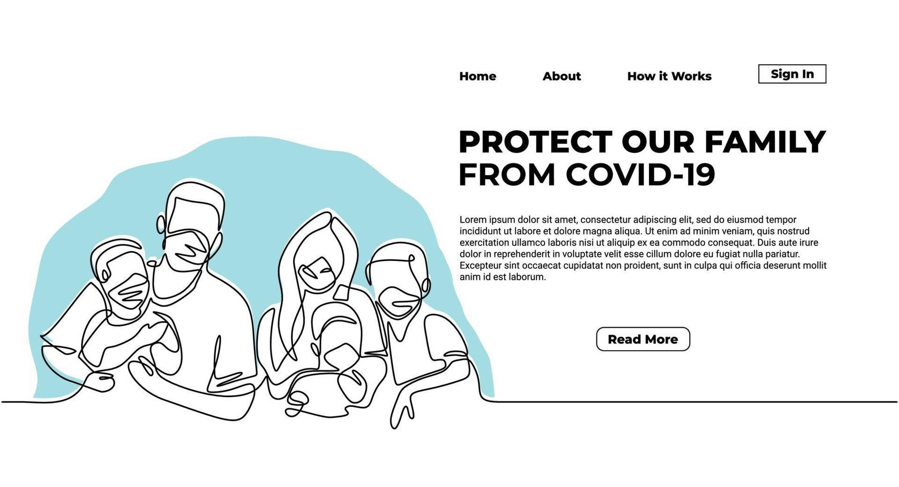 One continuous line of protect family for web landing page vector