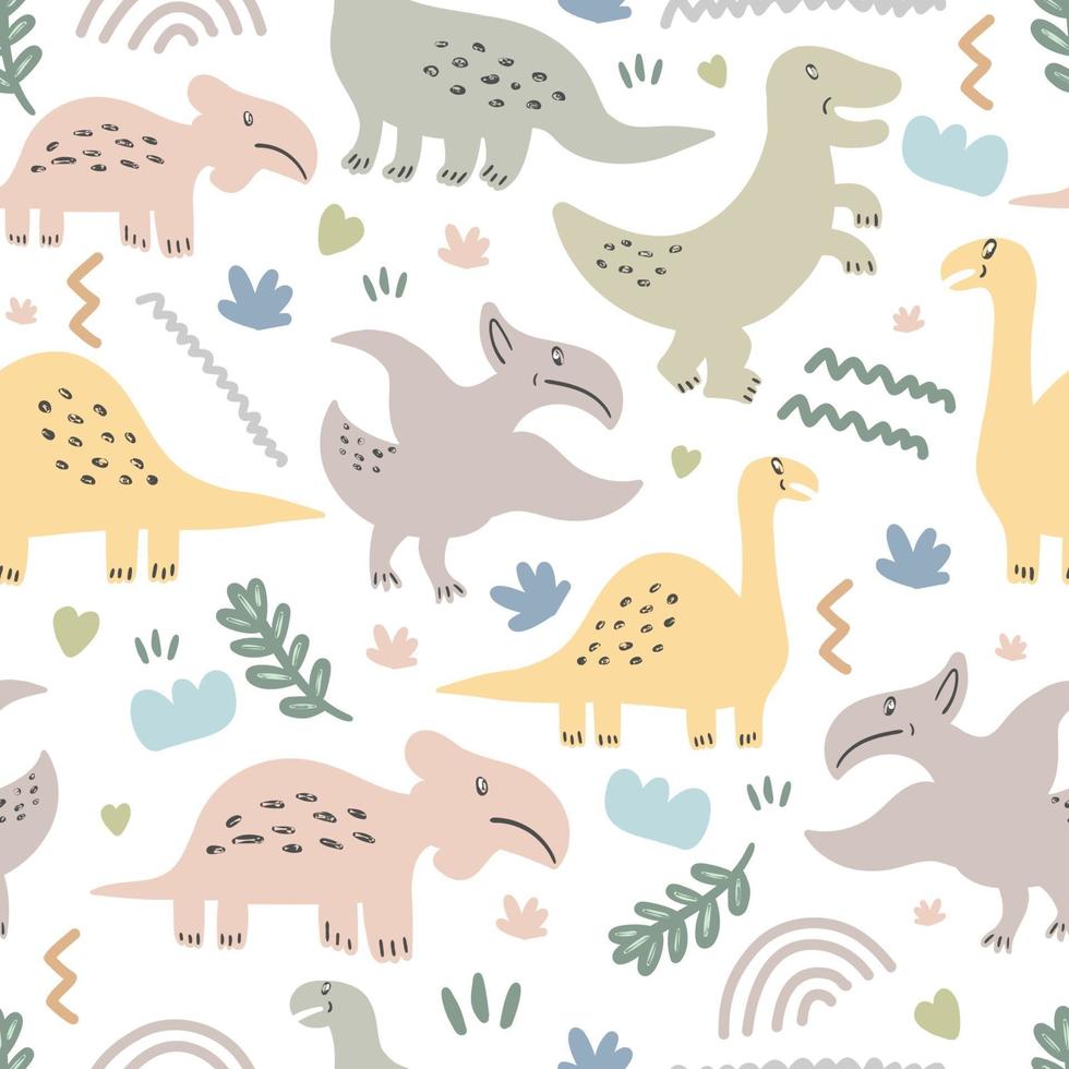 Seamless pattern of cute dinosaurs and floral vector